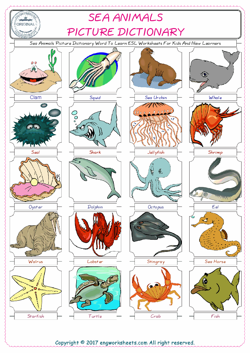  Sea Animals English Worksheet for Kids ESL Printable Picture Dictionary 